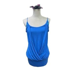 Robin K Blue Rhinestone Shoulder V Neckline Women's Sleeveless Top Size L